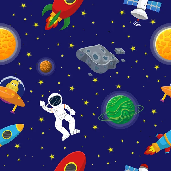 Galaxy seamless pattern design. Astronaut with rocket and alien in the open space Cute design for kids fabric and wrapping paper. Flat cartoon style funny galaxy seamless.