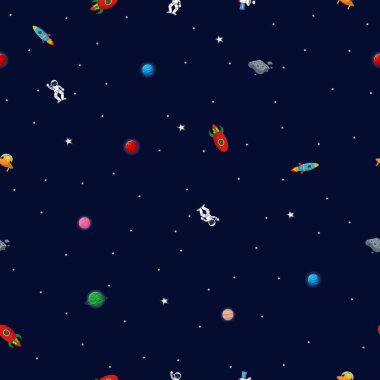 Galaksi desenli çizgi film tarzı. Açık havada roket ve uzaylı olan astronot. Çocuklar için şirin bir tasarım. Kumaş ve ambalaj kağıdı. Düz çizgi film tarzı komik galaksi deseni.