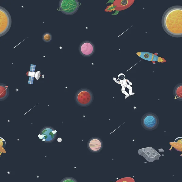行星和恒星的空间模式 宇航员与火箭和外星人在开放的空间设计可爱的孩子面料和包装纸 平面卡通风格空间模式 — 图库矢量图片