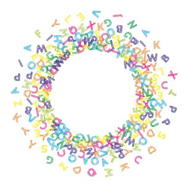 İngilizce 'nin harfleri düşüyor. Latin alfabesinin renkli çizimleri. Yabancı diller öğrenim kavramı. Beyaz arka planda modern okul afişi.