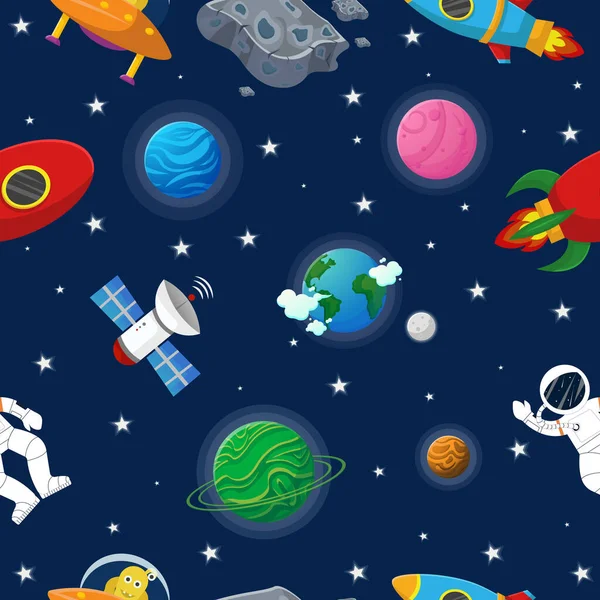 Astronaut Rocket Alien Open Space Galaxy Pattern Cartoon Style Cute — Stock Vector