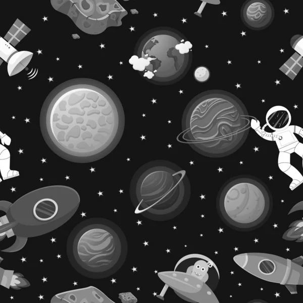 Galaxienmuster Cartoon Stil Astronaut Mit Rakete Und Alien Freien Weltraum — Stockvektor