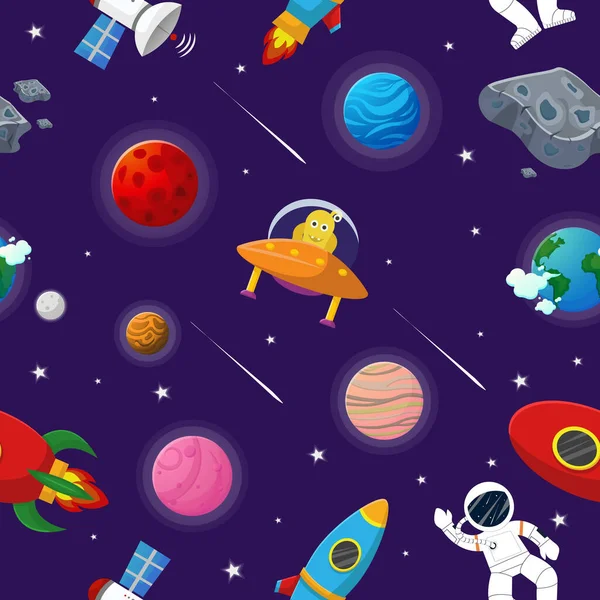 Galaxy Pattern Cartoon Style Astronaut Rocket Alien Open Space Cute — Stock Vector