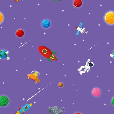 Çocuklar için açık uzay kozmik kumaşında roket ve uzaylı olan astronot. Çocukların kumaş ve ambalaj kağıtları için şirin bir tasarım. Düz çizgi film tarzı komik kozmik kumaş.