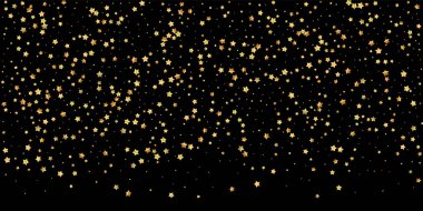 Altın yıldızlı, pırıl pırıl lüks konfeti. Siyah arkaplana dağılmış küçük altın parçacıkları. Nefes kesici şablon şablonu. Güzel vektör illüstrasyonu.