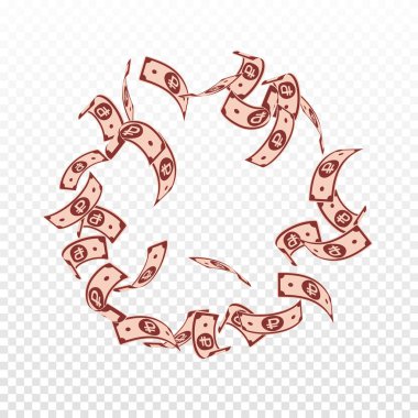 Rus rublesi düşüyor. Şeffaf arka planda yüzen kabartma banknotları. Rusya parası. Garip vektör çizimi. Çekici ikramiye, servet ya da başarı konsepti.