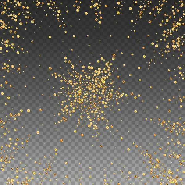 ゴールドのコンフェッティ高級スパークリングコンフェッティ 透明な背景に小さな金粒子を散乱 実際のお祝いオーバーレイテンプレート 生きているベクトルイラスト — ストックベクタ