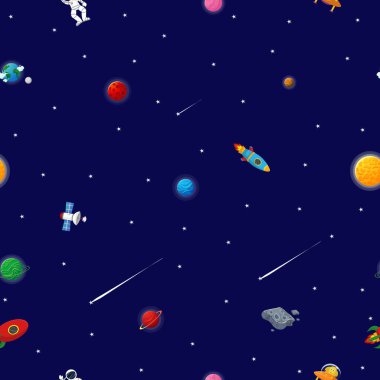 Gezegenli ve yıldızlı uzay deseni. Açık havada roket ve uzaylı olan astronot. Çocuklar için şirin bir tasarım. Kumaş ve ambalaj kağıdı. Düz çizgi film biçimi uzay deseni.