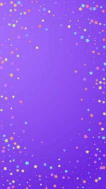 Sevimli bir konfeti. Kutlama yıldızları. Menekşe arkaplanda rastgele seçilmiş renkli yıldızlar. Büyüleyici bir şablon. Dikey vektör arkaplanı.