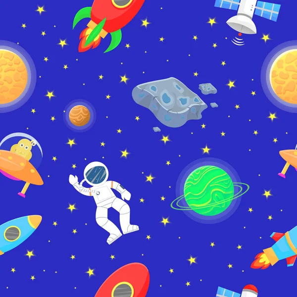 Astronaut with rocket and alien in the open space Galaxy seamless pattern design. Cute design for kids fabric and wrapping paper. Flat cartoon style funny galaxy seamless.