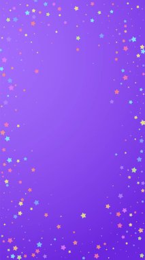 Şenlikli, cezbedici konfeti. Kutlama yıldızları. Menekşe arkaplanda rastgele seçilmiş renkli yıldızlar. Büyüleyici bir şablon. Dikey vektör arkaplanı.