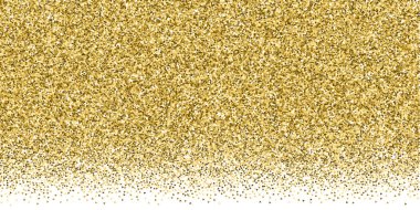 Altın üçgenler lüks konfeti parıldıyor. Beyaz arka planda dağılmış küçük altın parçacıkları. Nefes kesici şablon şablonu. Tarz vektör illüstrasyonu.