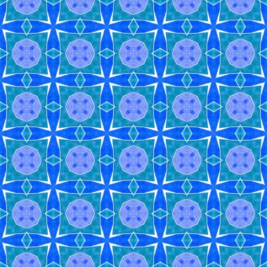 Tekstil hazır ekstatik baskı, mayo kumaş, duvar kağıdı, ambalaj. Mavi canlı boho şık yaz tasarımı. Suluboya madalyonu, kusursuz sınır. Madalyon pürüzsüz desen.