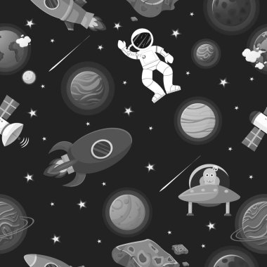 Gezegenli ve yıldızlı uzay deseni. Açık havada roket ve uzaylı olan astronot. Çocuklar için şirin bir tasarım. Kumaş ve ambalaj kağıdı. Düz çizgi film biçimi uzay deseni.