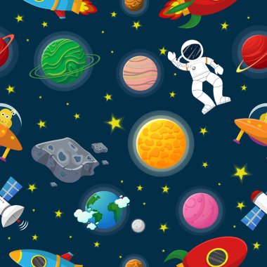 Çocuklar için açık uzay kozmik kumaşında roket ve uzaylı olan astronot. Çocukların kumaş ve ambalaj kağıtları için şirin bir tasarım. Düz çizgi film tarzı komik kozmik kumaş.