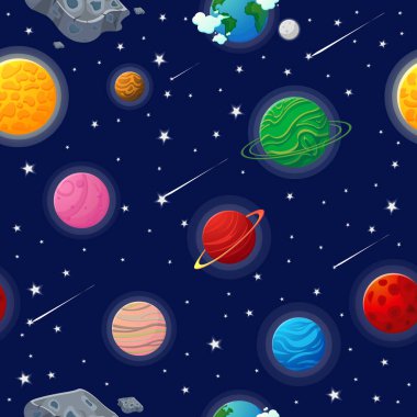 Gezegenli ve yıldızlı uzay deseni. Açık havada roket ve uzaylı olan astronot. Çocuklar için şirin bir tasarım. Kumaş ve ambalaj kağıdı. Düz çizgi film biçimi uzay deseni.