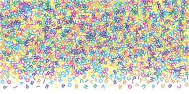 İngilizce 'nin harfleri düşüyor. Latin alfabesinin renkli çizimleri. Yabancı diller öğrenim kavramı. Beyaz arkaplandaki okul afişine mest edici.