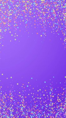 Şen nefes kesici konfeti. Kutlama yıldızları. Mor arka planda yoğun renkli yıldızlar. Güzel görünümlü bir şablon. Dikey vektör arkaplanı.