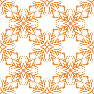 Tekstil hazır süslü baskı, mayo kumaş, duvar kağıdı, ambalaj. Turuncu zarif boho şık yaz tasarımı. Madalyon pürüzsüz desen. Suluboya madalyonu, kusursuz sınır.