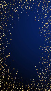Altın yıldızlı, ışıl ışıl konfeti. Koyu mavi arka planda dağılmış küçük altın parçacıkları. Mest edici bir şablon. İyi görünümlü vektör arkaplanı.