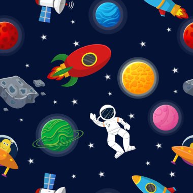Galaksisiz desen tasarımı. Açık havada roket ve uzaylı olan astronot. Çocuklar için şirin bir tasarım. Kumaş ve ambalaj kağıdı. Düz çizgi film tarzı komik galaksi.