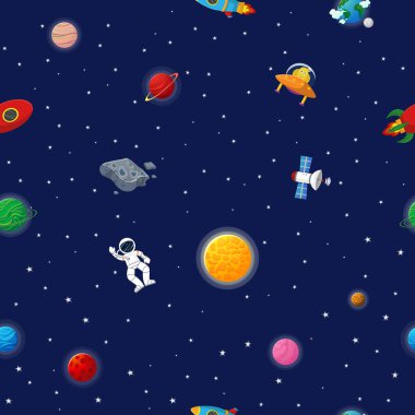 Galaksi desenli çizgi film tarzı. Açık havada roket ve uzaylı olan astronot. Çocuklar için şirin bir tasarım. Kumaş ve ambalaj kağıdı. Düz çizgi film tarzı komik galaksi deseni.