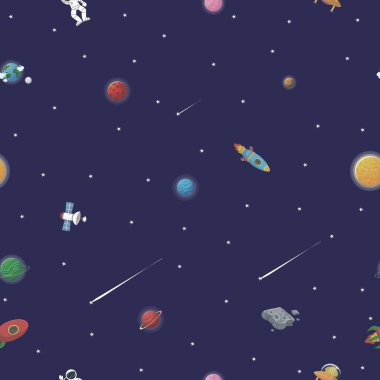 Gezegenli ve yıldızlı uzay deseni. Açık havada roket ve uzaylı olan astronot. Çocuklar için şirin bir tasarım. Kumaş ve ambalaj kağıdı. Düz çizgi film biçimi uzay deseni.