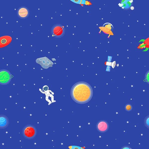 Tissu Cosmique Pour Enfants Astronaute Avec Fusée Extraterrestre Dans Espace — Image vectorielle