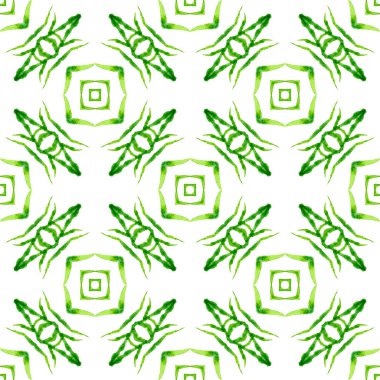 Tekstil hazır hassas baskı, mayo kumaş, duvar kağıdı, ambalaj. Yeşil enfes boho şık yaz tasarımı. Döşemeli suluboya arka plan. Elle boyanmış suluboya kenar.