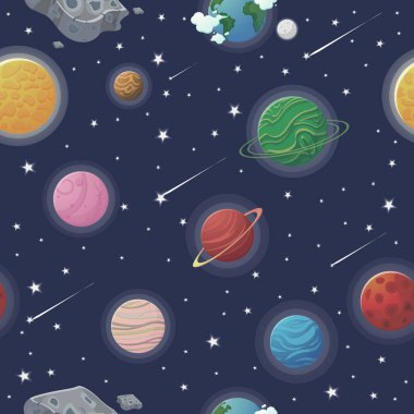 Gezegenli ve yıldızlı uzay deseni. Açık havada roket ve uzaylı olan astronot. Çocuklar için şirin bir tasarım. Kumaş ve ambalaj kağıdı. Düz çizgi film biçimi uzay deseni.