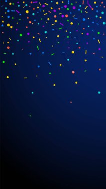 Şenlikli sulu konfeti. Kutlama yıldızları. Koyu mavi arka planda şenlikli konfeti. Büyük şablon şablonu. Dikey vektör arkaplanı.