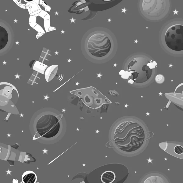 宇航员与火箭和外星人在开放的太空银河无缝图案设计 儿童面料和包装纸的精美设计 平面卡通风格有趣的星系无缝 — 图库矢量图片
