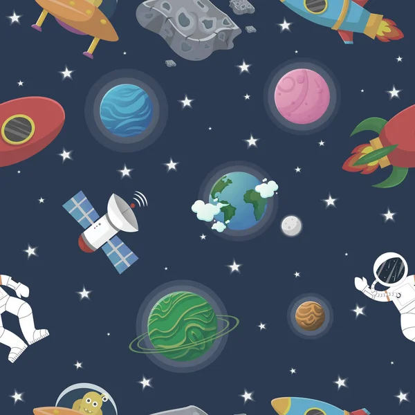 Space Pattern Planets Stars Astronaut Rocket Alien Open Space Cute — Stock Vector