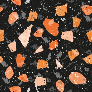 Terrazzo kusursuz desen. Koyu klasik döşeme dokusu. Doğal taşlardan, granitten, kuvarstan, mermerden ve betondan yapılmış büyüleyici bir arka plan. Mükemmel dikişsiz terrazzo..