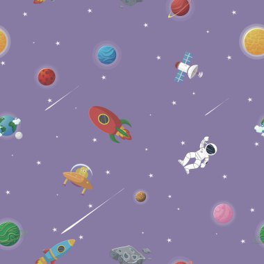 Çocuklar için açık uzay kozmik kumaşında roket ve uzaylı olan astronot. Çocukların kumaş ve ambalaj kağıtları için şirin bir tasarım. Düz çizgi film tarzı komik kozmik kumaş.