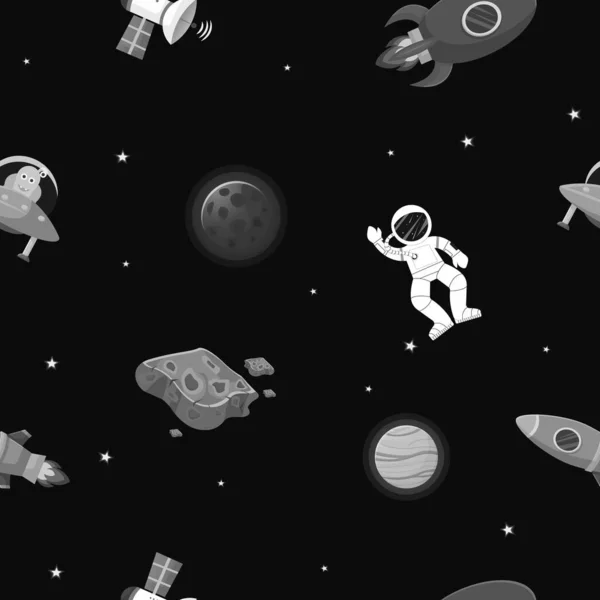 Astronaute Avec Fusée Extraterrestre Dans Espace Ouvert Galaxy Design Motif — Image vectorielle