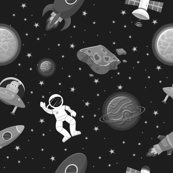 Kosmischer Stoff Für Kinder Astronaut Mit Rakete Und Alien Freien — Stockvektor