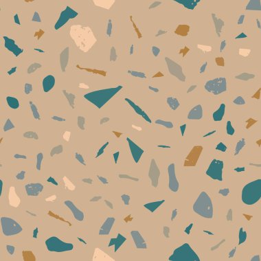 Terrazzo kusursuz desen. Taş klasik döşeme dokusu. Doğal taşlardan, granitten, kuvarstan, mermerden ve betondan yapılmış parlak bir arka plan. Enfes dikişsiz terrazzo..
