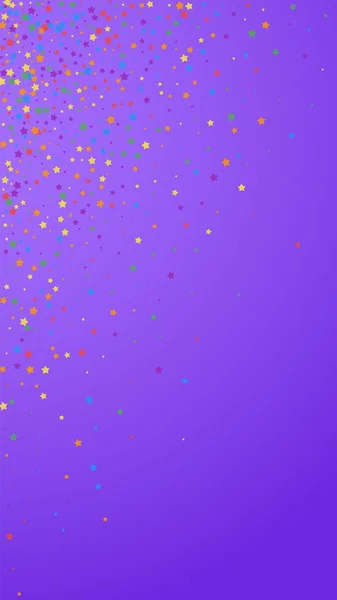 Feestelijke Ongeëvenaarde Confetti Feeststerren Regenboog Heldere Sterren Violette Achtergrond Fijn — Stockvector