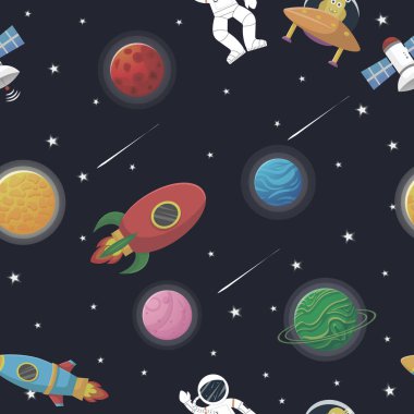 Açık uzay galaksisinde roket ve uzaylı desenli astronot. Çocukların kumaş ve ambalaj kağıtları için şirin bir tasarım. Düz çizgi film tarzı komik galaksi.