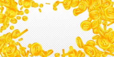 Bitcoin, internet para birimleri düşüyor. Güzel dağınık BTC paraları. Kripto para, dijital para. Muhteşem ikramiye, servet ya da başarı konsepti. Vektör illüstrasyonu.