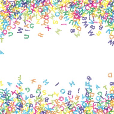 İngilizce 'nin harfleri düşüyor. Latin alfabesinin renkli çizimleri. Yabancı diller öğrenim kavramı. Beyaz arka planda egzotik okul afişi.
