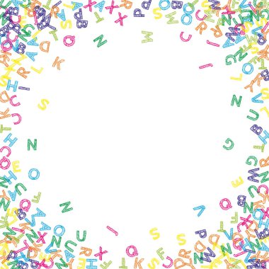 İngilizce 'nin harfleri düşüyor. Latin alfabesinin renkli çizimleri. Yabancı diller öğrenim kavramı. Beyaz arka planda okul afişine göz kamaştırıcı.