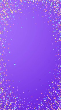 Neşeli, meraklı konfeti. Kutlama yıldızları. Mor arka planda yoğun renkli yıldızlar. Uygun bir şablon. Dikey vektör arkaplanı.