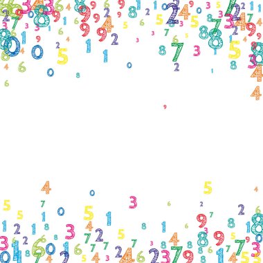 Renkli ve düzenli sayılar düşüyor. Uçan parmaklarla matematik çalışma konsepti. Beyaz arka planda okula matematik afişi getiriliyor. Düşen sayılar vektör illüstrasyonu.