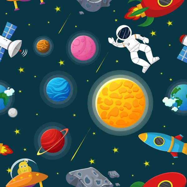 Astronauta Con Cohete Alienígena Espacio Abierto Tejido Cósmico Para Niños — Vector de stock