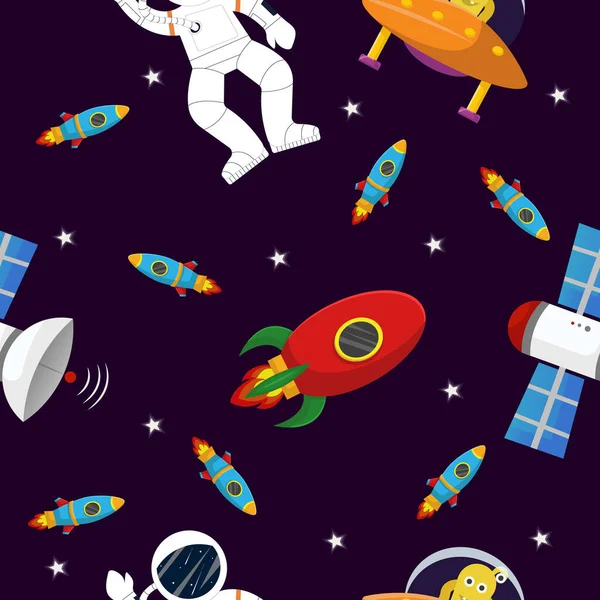 Astronaut with rocket and alien in the open space Galaxy seamless pattern design. Cute design for kids fabric and wrapping paper. Flat cartoon style funny galaxy seamless.