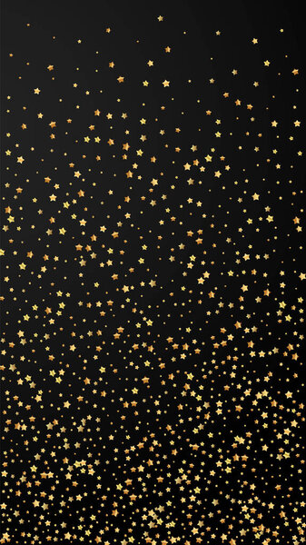 Gold stars luxury sparkling confetti. Scattered small gold particles on black background. Excellent festive overlay template. Alluring vector background.