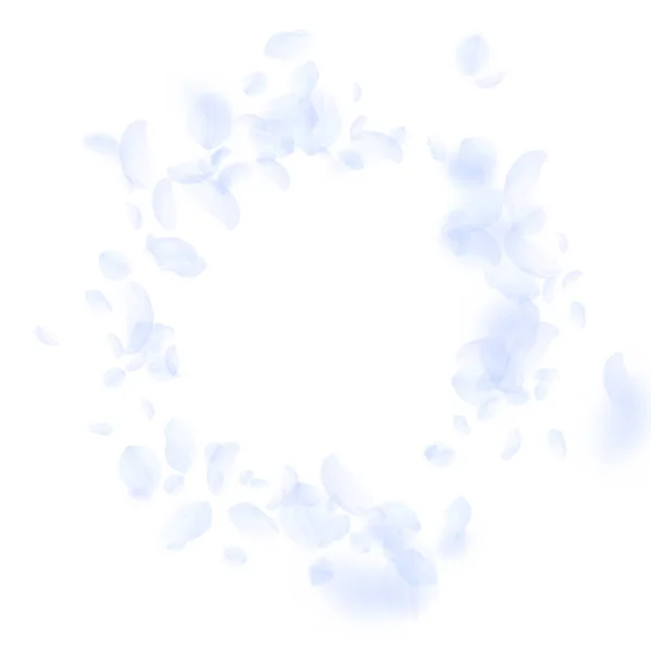 Ljusblå Blomblad Faller Ner Exotiska Romantiska Blommor Vinjett Flygande Kronblad — Stock vektor