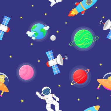 Çocuklar için kozmik kumaş. Açık havada roket ve uzaylı olan astronot. Çocuklar için şirin bir tasarım. Kumaş ve ambalaj kağıdı. Düz çizgi film tarzı komik kozmik kumaş.